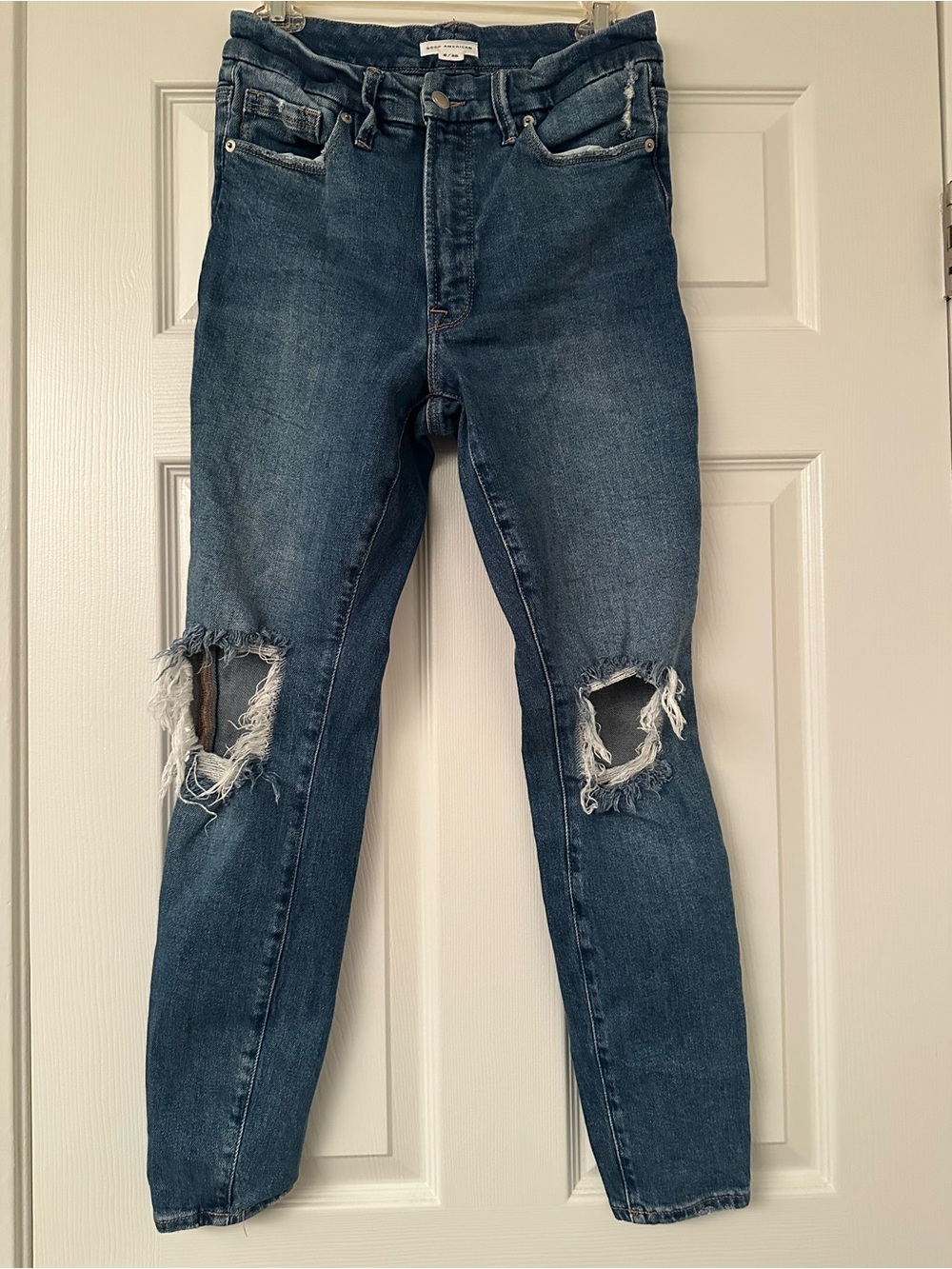 Good American Dark Blue Slim Straight Jeans with Distressed Knees, Sz 6 / 28